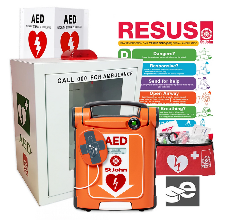 St John G5 Fully Automatic Defibrillator w/ CPR Feedback Cabinet Bundle